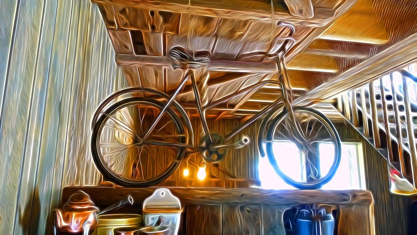 Digital painting style representing an ancient bicycle kept in a wooden hut photo