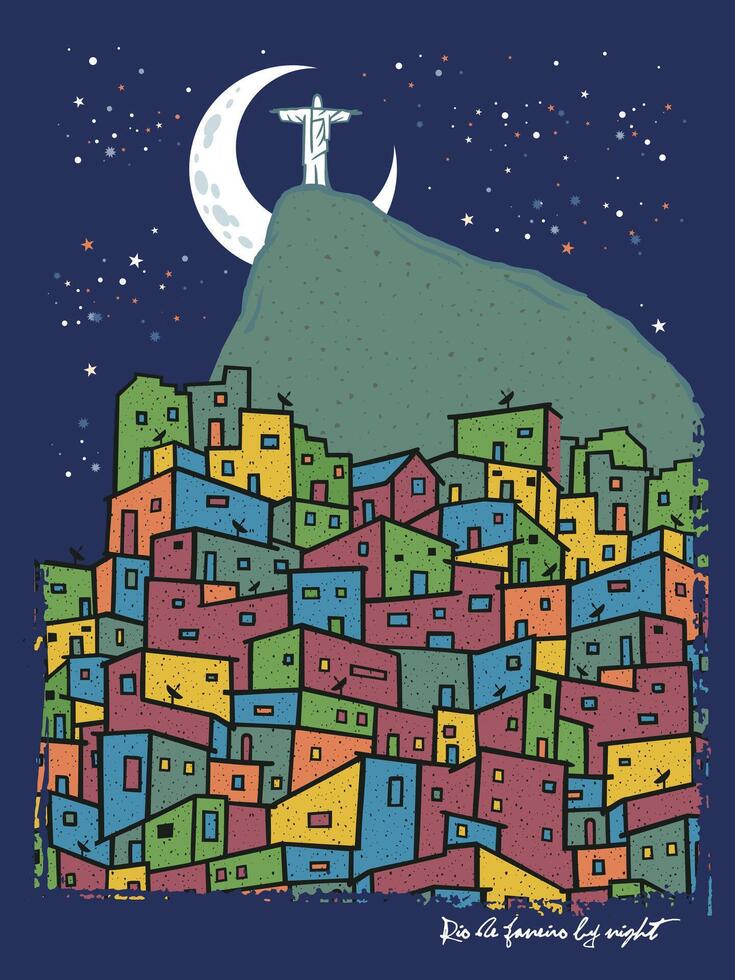 Stylized illustration of cityscape of Rio de Janeiro, Brazil at night. Art in minimalist style. vector