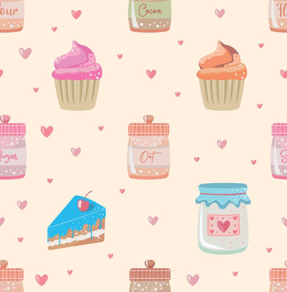 Confectionery ingredients and cakes and cupcakes. Art in a simple and delicate style. vector