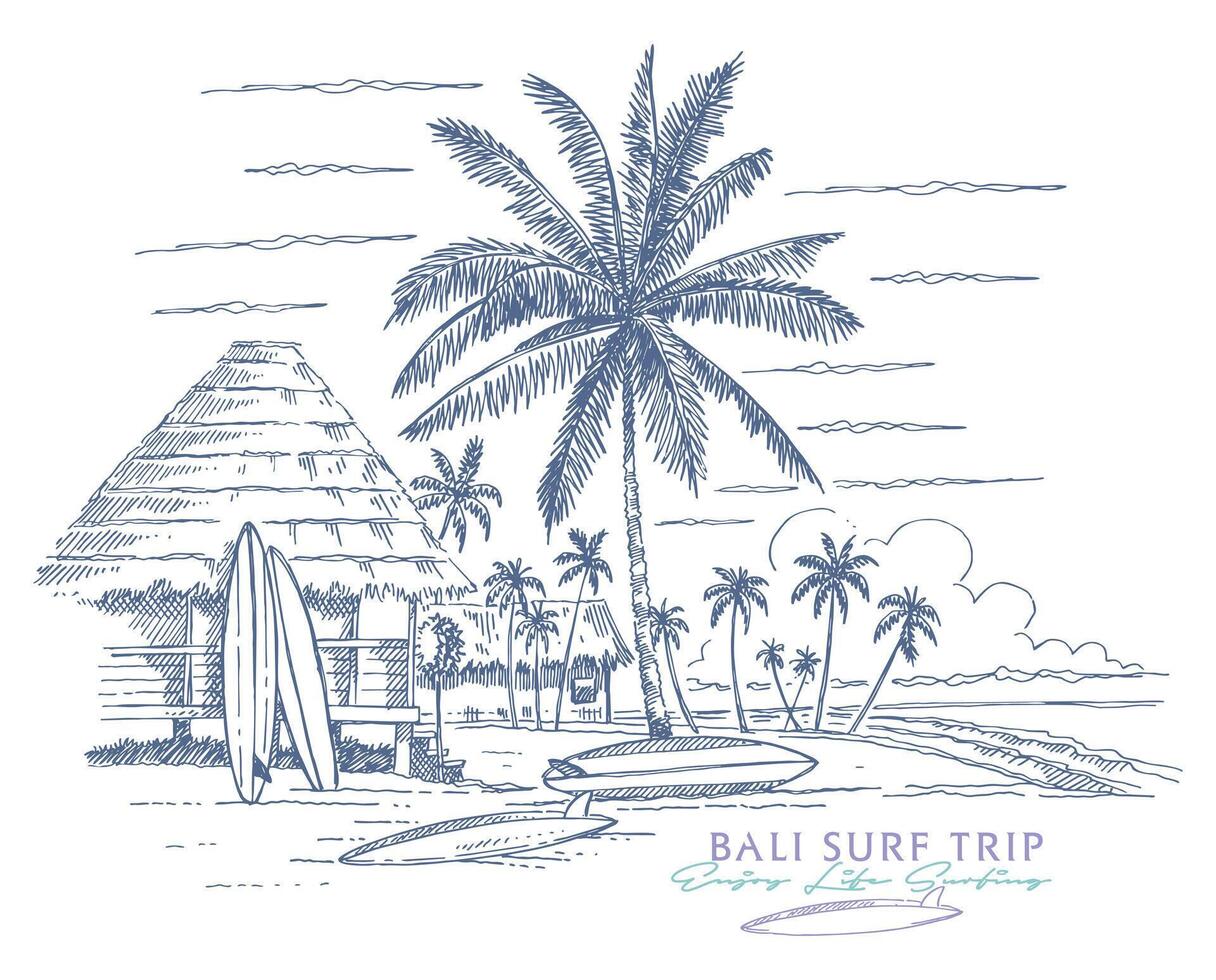 stylized illustration of tropical landscape with hut and surfboards. vector