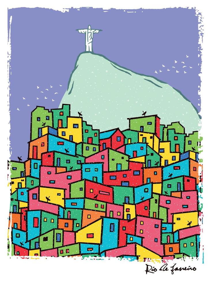 Colorful illustration in bare lines of a favela landscape in Rio de Janeiro, Brazil, with Corcovado Mountain in the background. vector