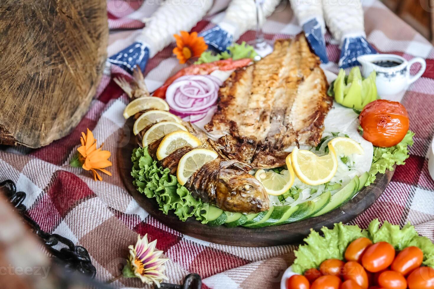 Delicious Spread of Food on a Wooden Table photo