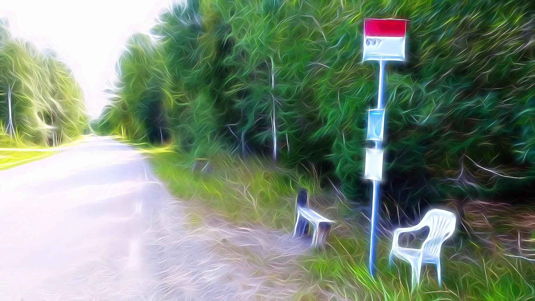 Digital painting style representing a bus stop in the countryside in Scandinavia photo