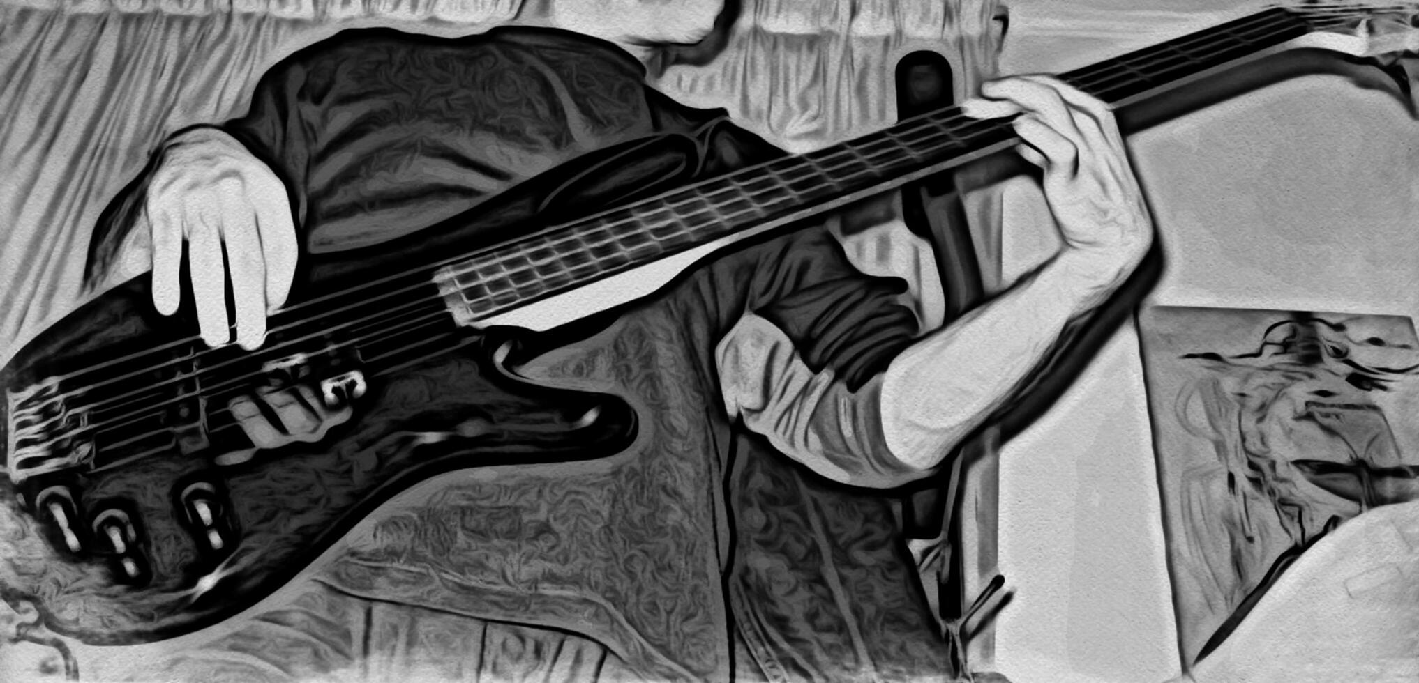 Digital black and white drawing of a musician playing the electric bass photo