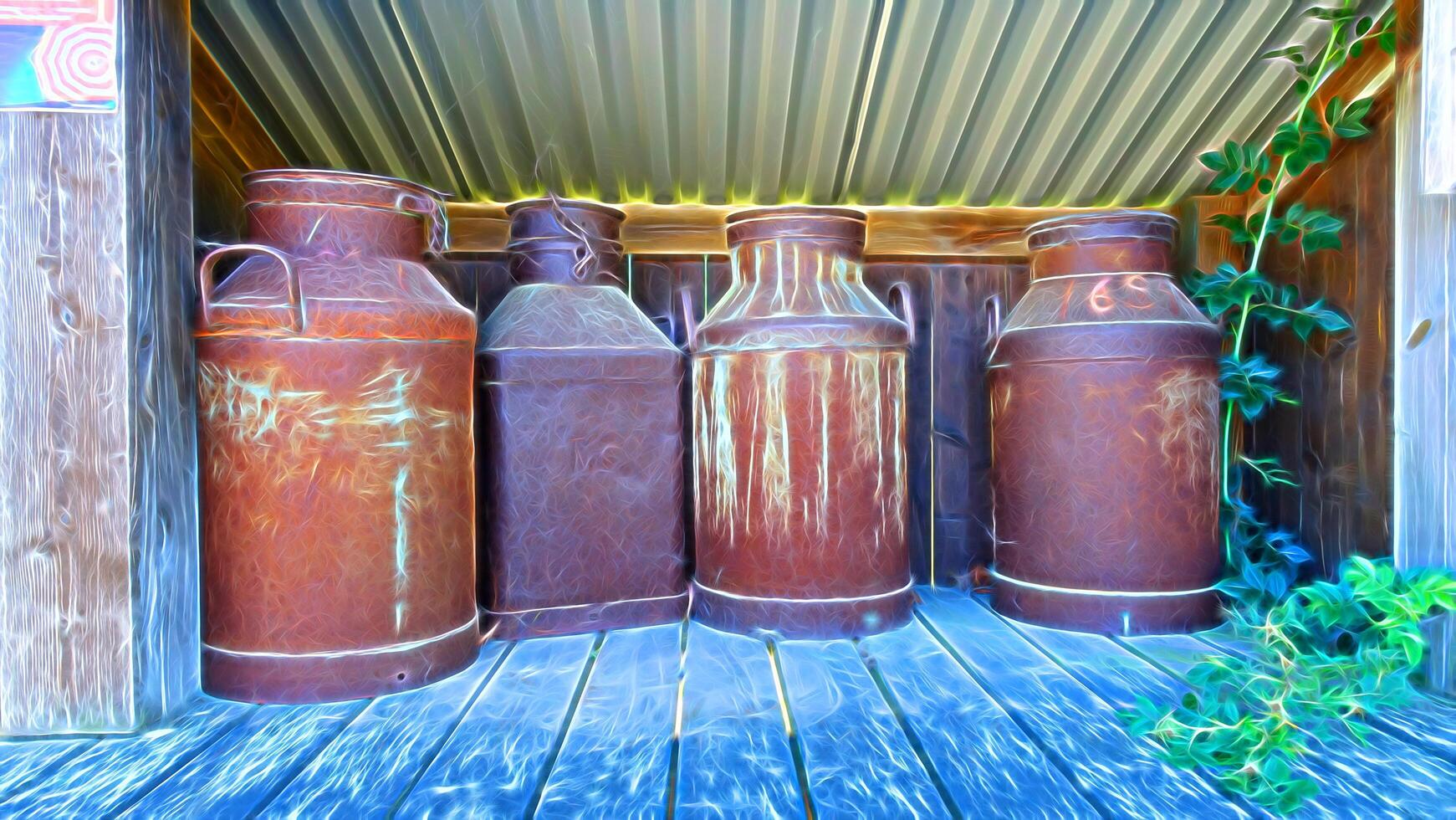 Digital painting style representing ancient metal containers for milk photo