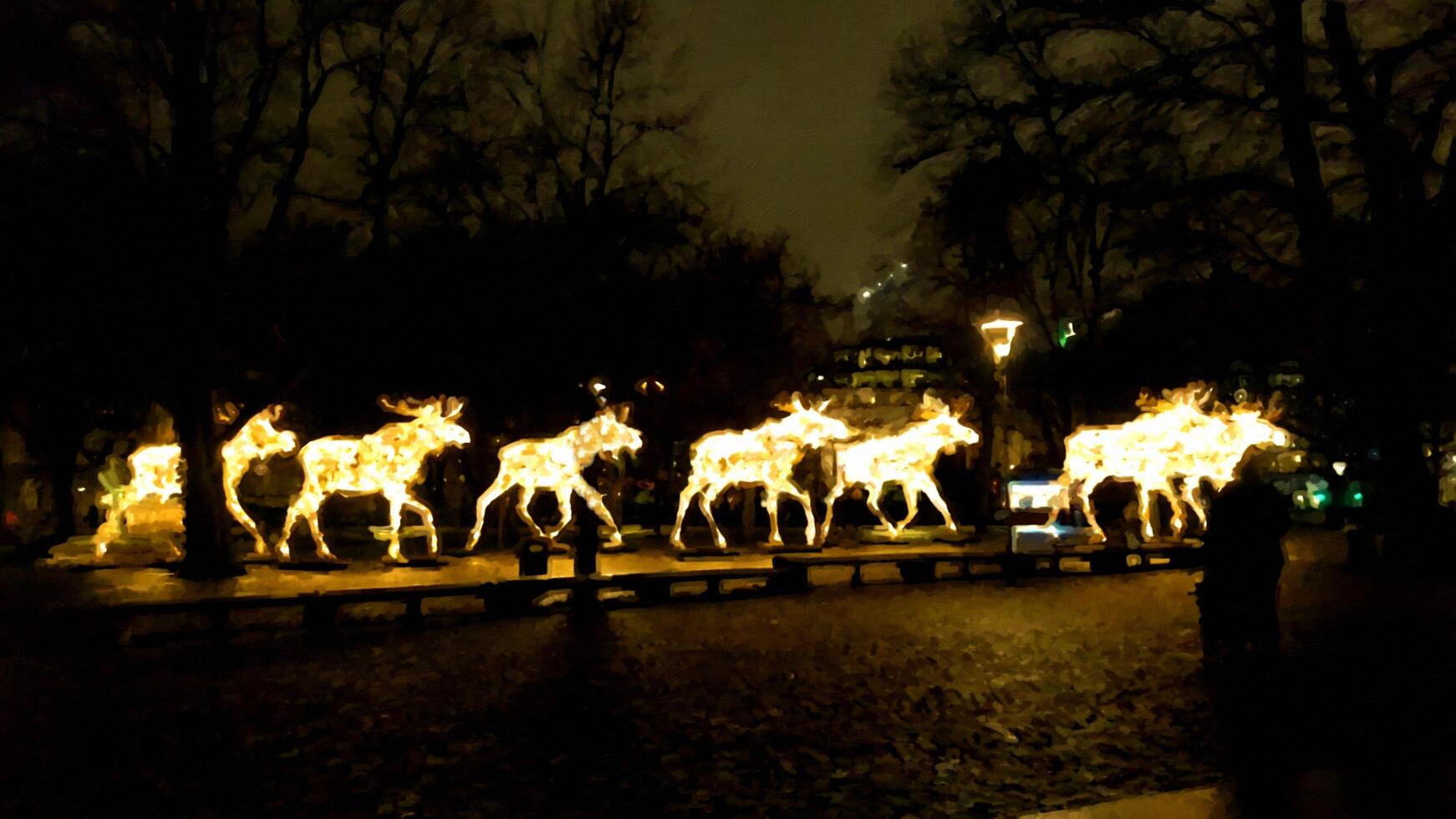 Luminous moose trotting at night on the street in Scandinavia in digital painting style photo