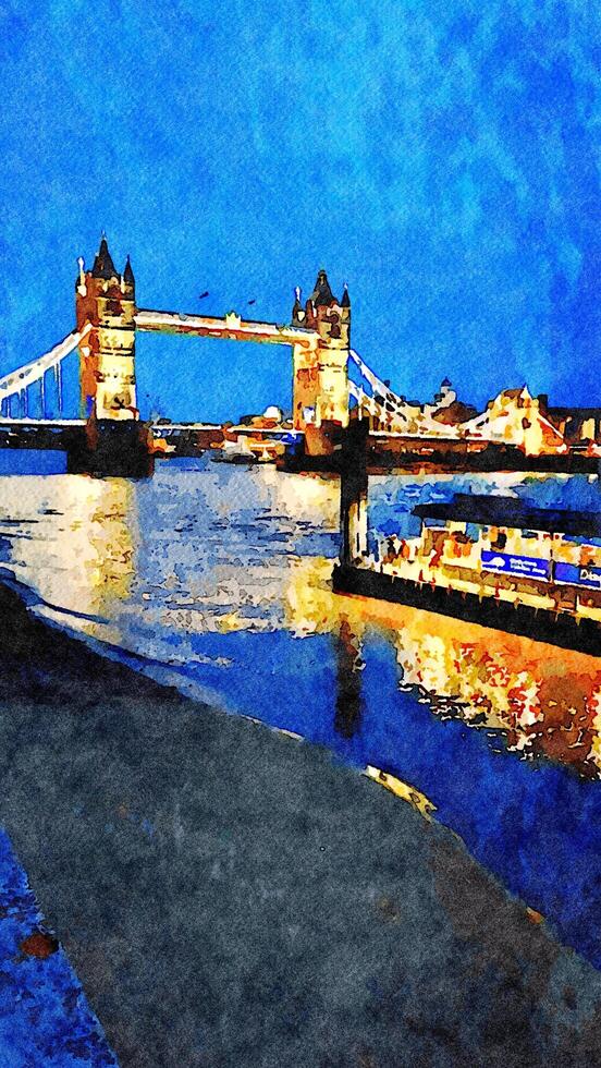 A nocturnal glimpse of the famous London Bridge in England. Digital watercolor style. photo