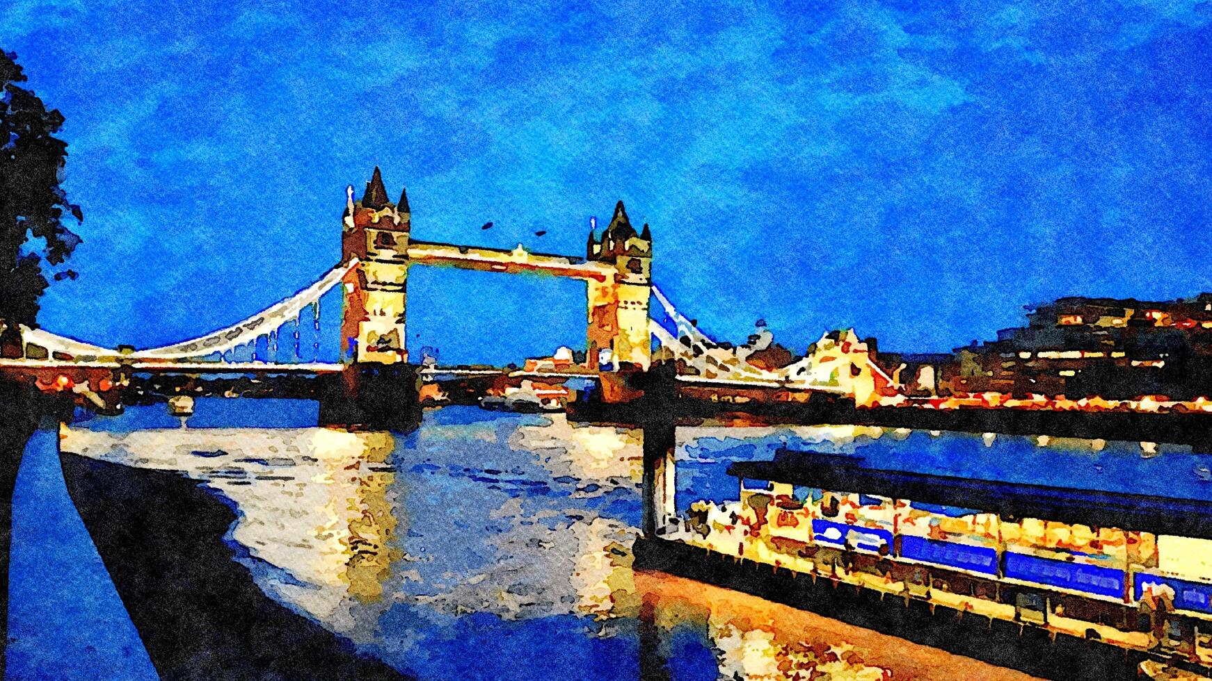 A nocturnal glimpse of the famous London Bridge in England. Digital watercolor style. photo