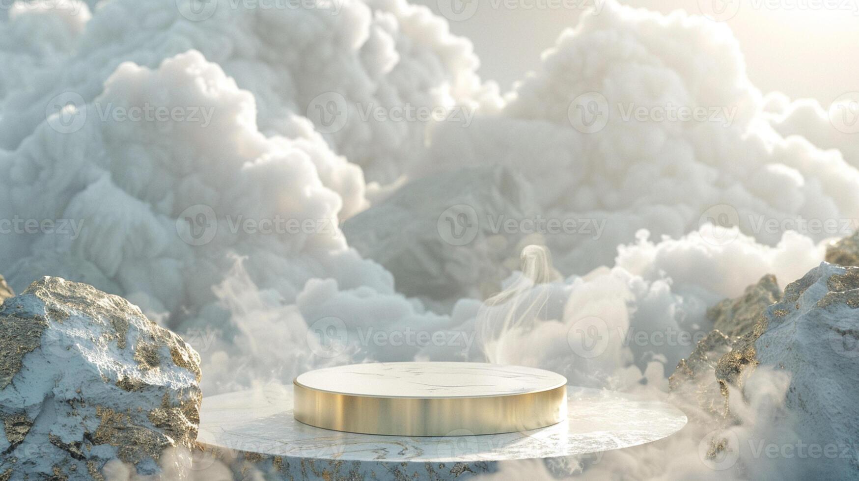 Smoke dances amidst clouds and sky, and gold geometric Stone and Rock shape background., vintage scene, with Gold podium stage minimal abstract background. photo