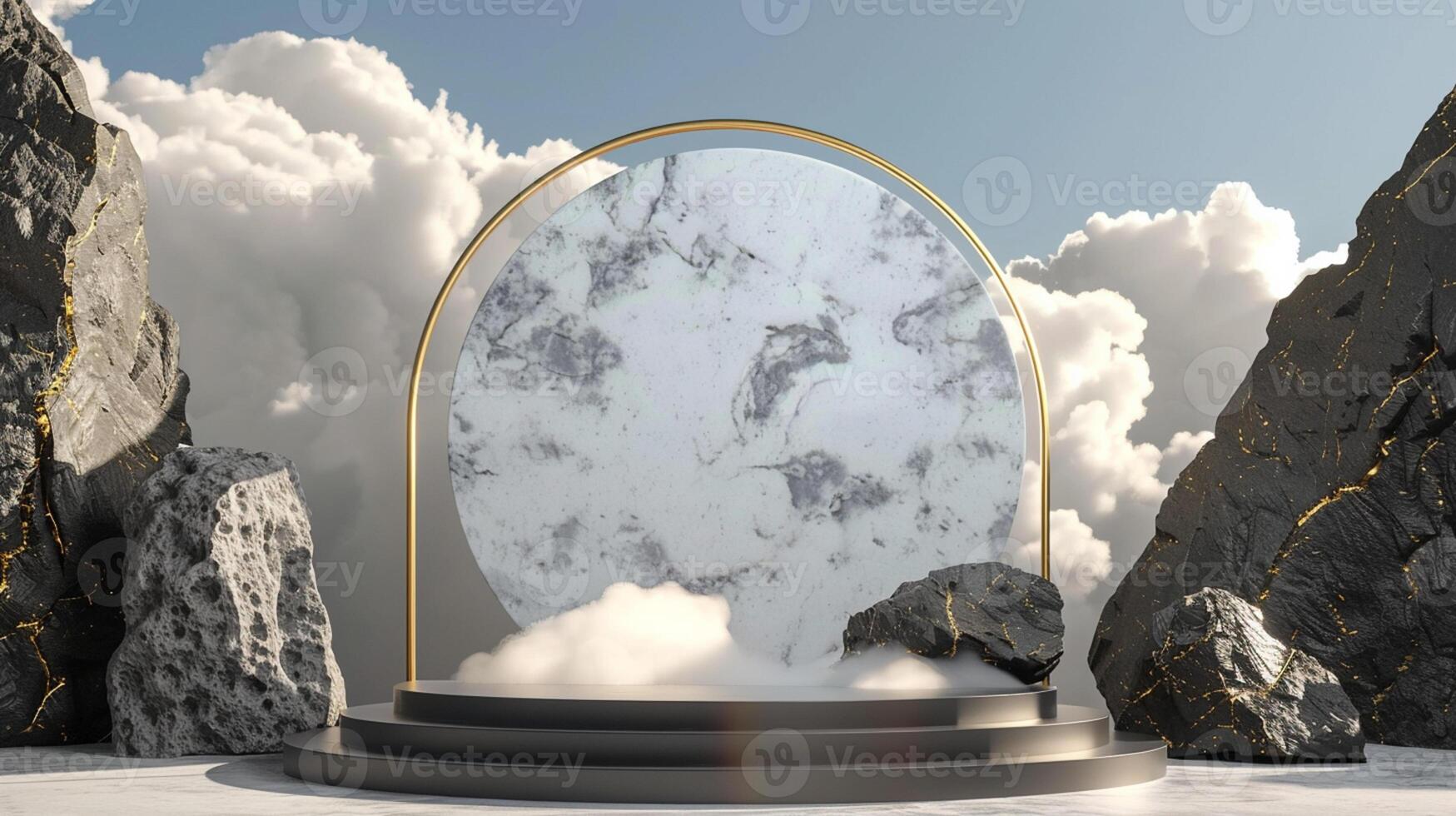 Smoke dances amidst clouds and sky, and gold geometric Stone and Rock shape background., vintage scene, with Gold podium stage minimal abstract background. photo