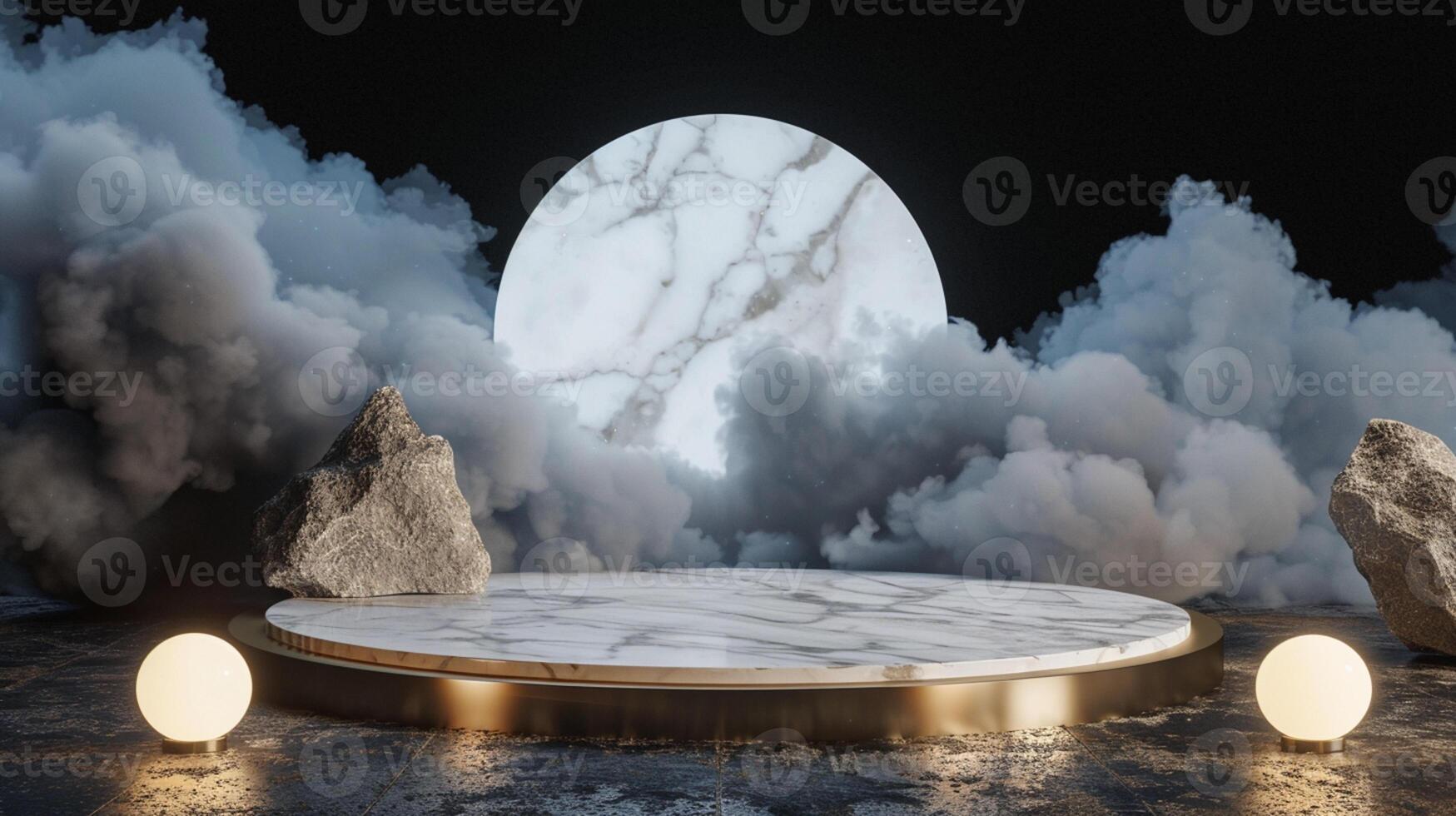 Smoke dances amidst clouds and sky, and gold geometric Stone and Rock shape background., vintage scene, with Gold podium stage minimal abstract background. photo