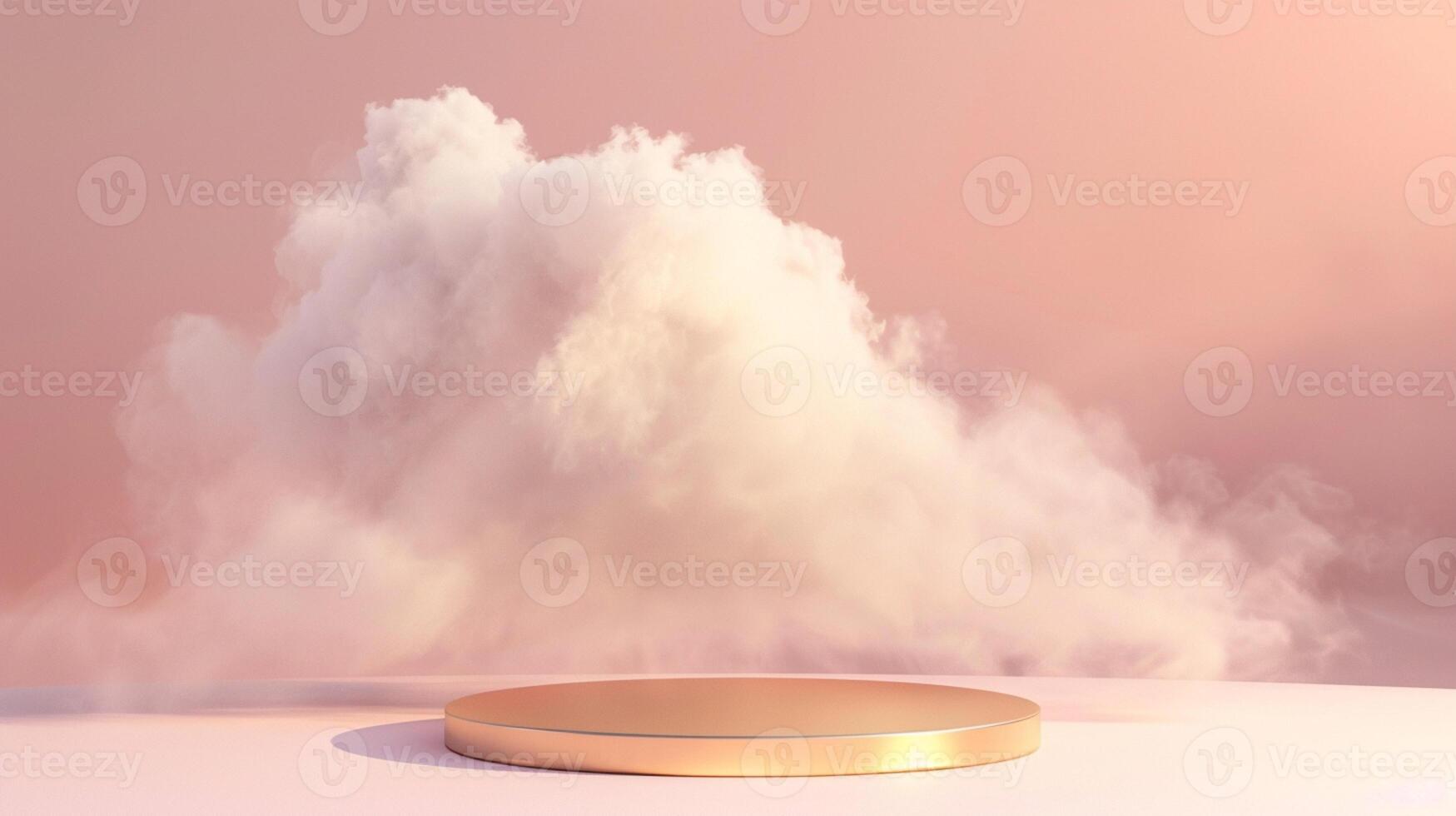 Smoke dances amidst clouds and sky, rising from a chimney A blend of nature and pollution creates an abstract, vintage scene, with Gold podium stage minimal abstract background. photo