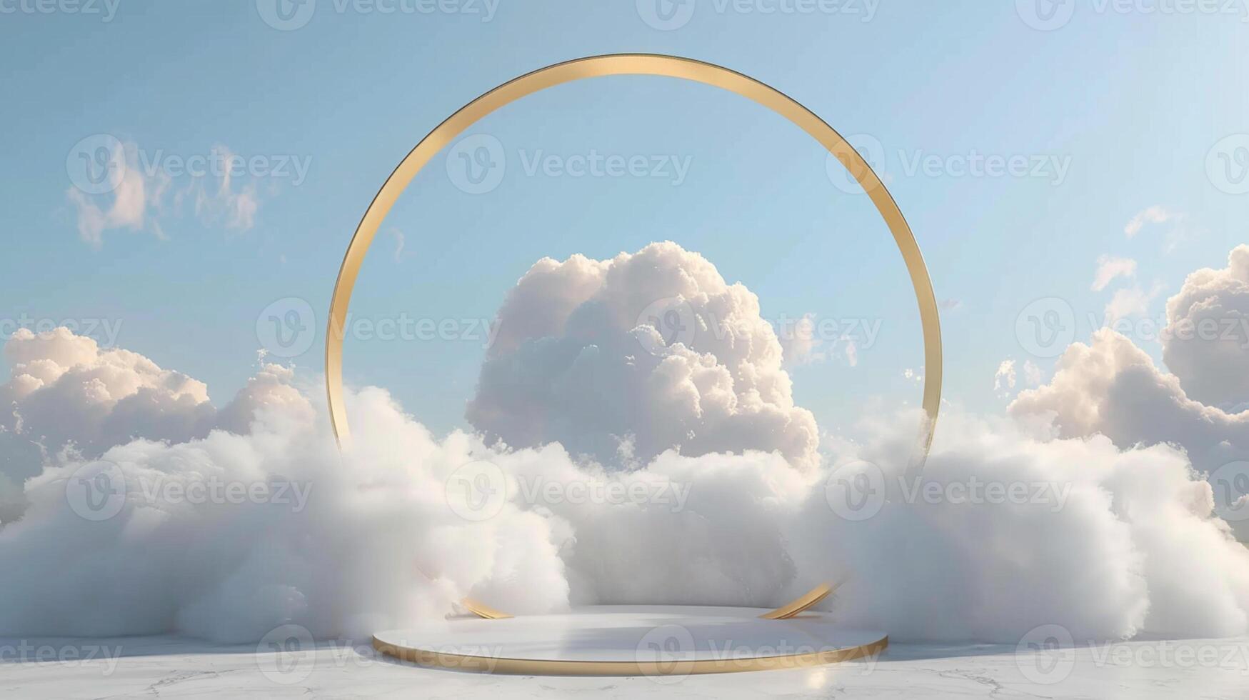 Smoke dances amidst clouds and sky, rising from a chimney A blend of nature and pollution creates an abstract, vintage scene, with Gold podium stage minimal abstract background. photo