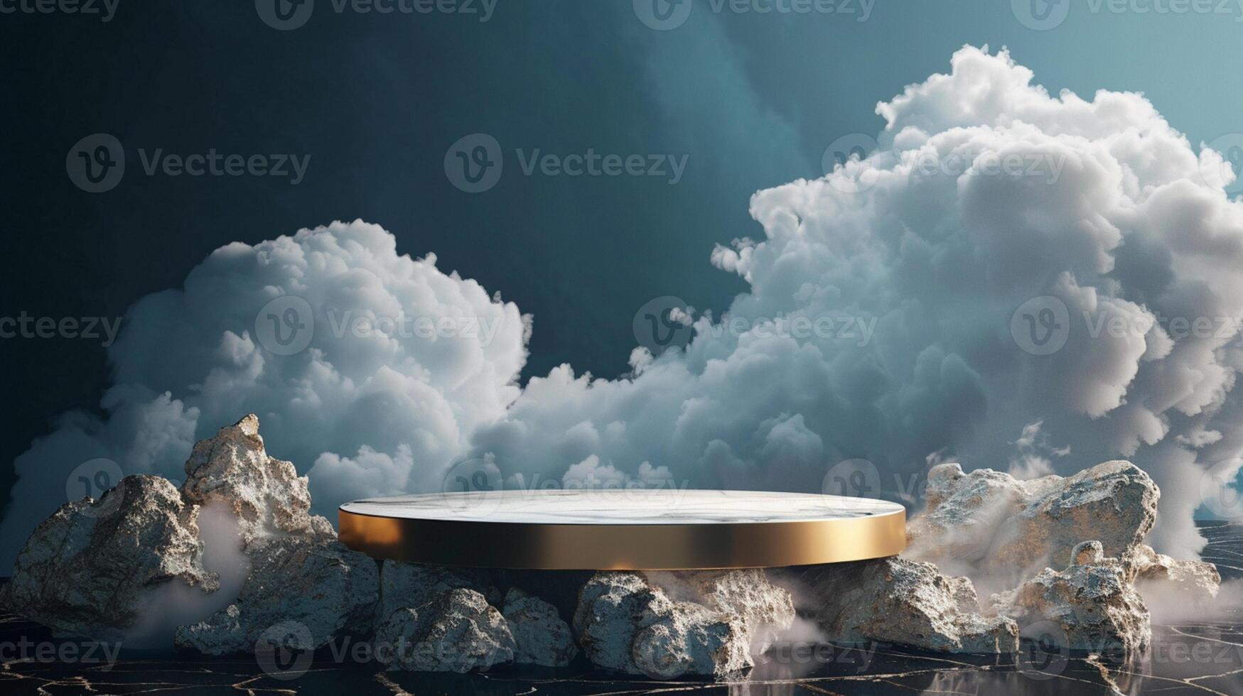 Smoke dances amidst clouds and sky, and gold geometric Stone and Rock shape background., vintage scene, with Gold podium stage minimal abstract background. photo