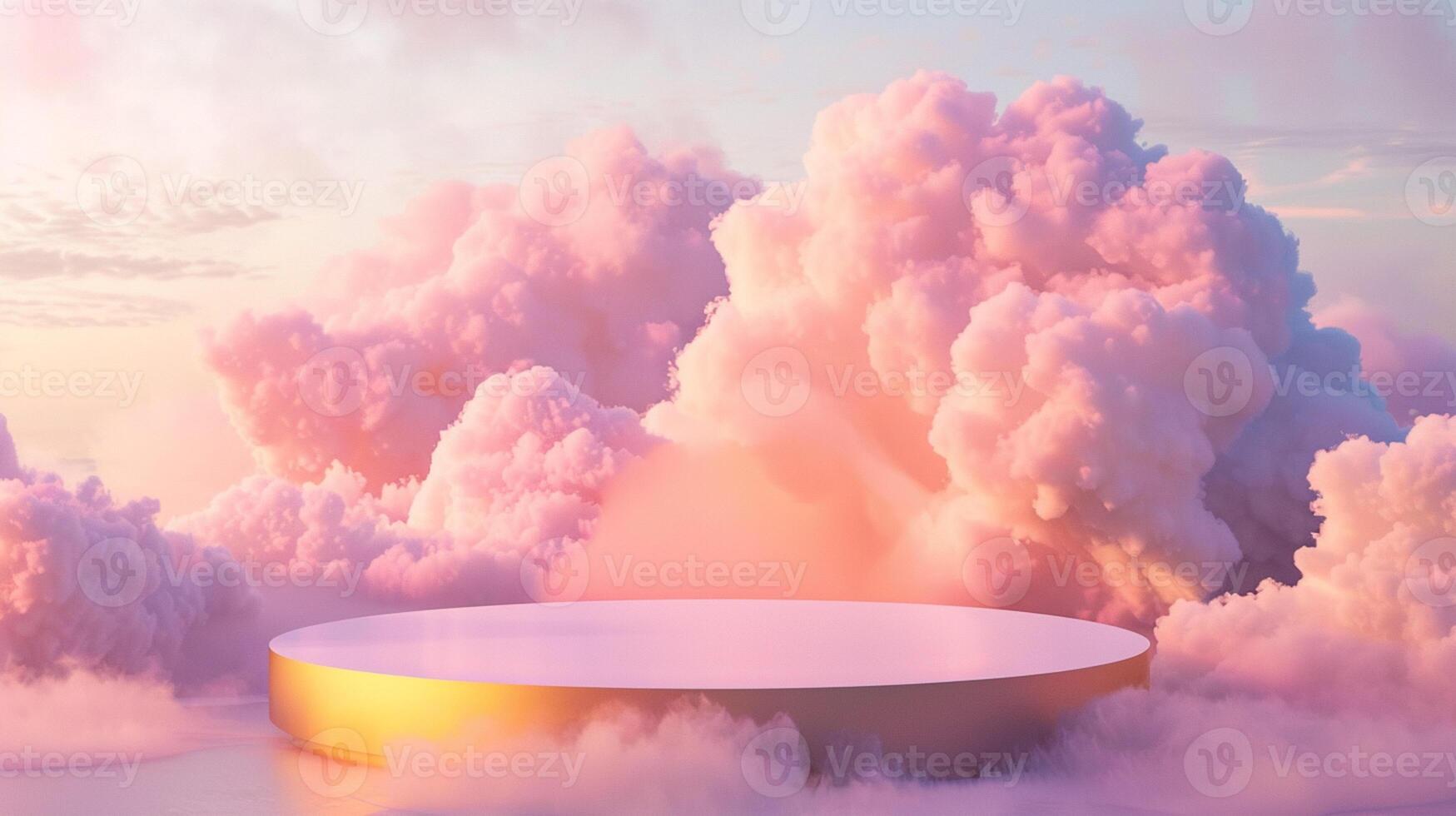 Smoke dances amidst clouds and sky, rising from a chimney A blend of nature and pollution creates an abstract, vintage scene, with Gold podium stage minimal abstract background. photo