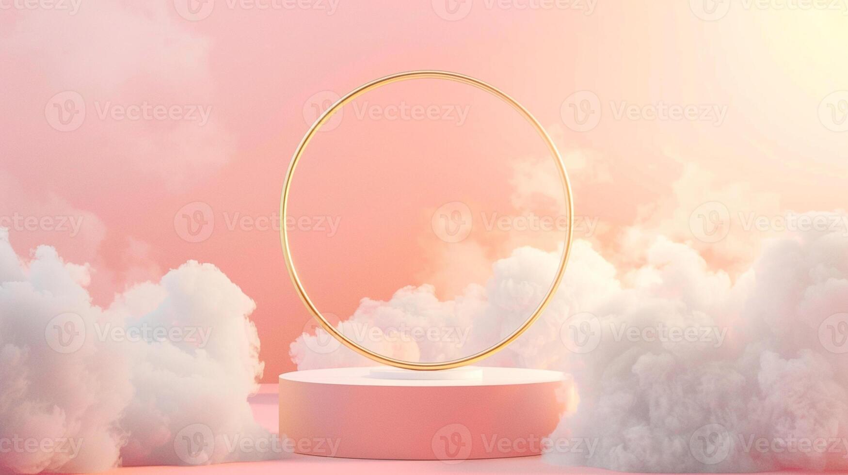 Smoke dances amidst clouds and sky, rising from a chimney A blend of nature and pollution creates an abstract, vintage scene, with Gold podium stage minimal abstract background. photo
