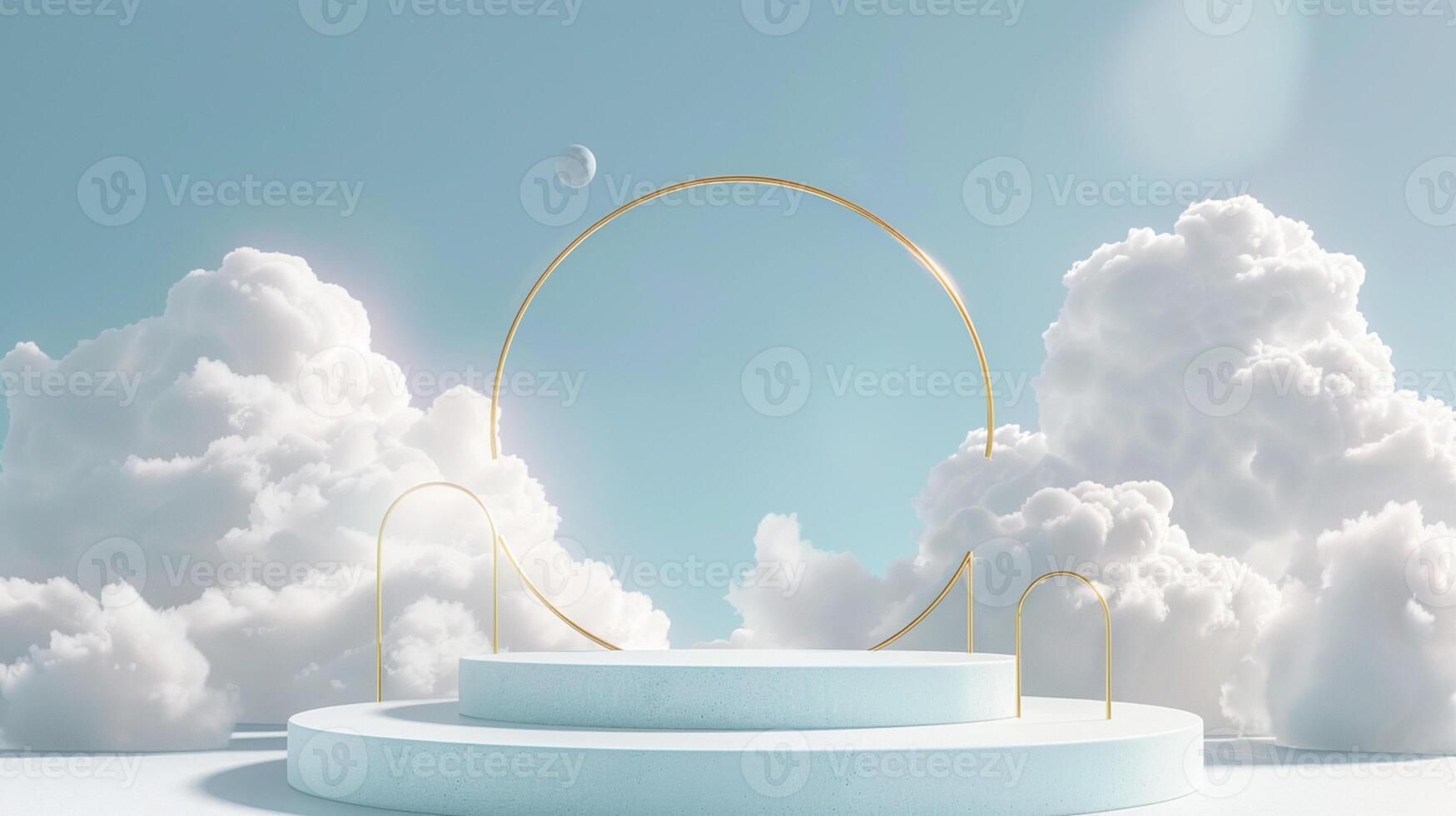 Smoke dances amidst clouds and sky, rising from a chimney A blend of nature and pollution creates an abstract, vintage scene, with Gold podium stage minimal abstract background. photo