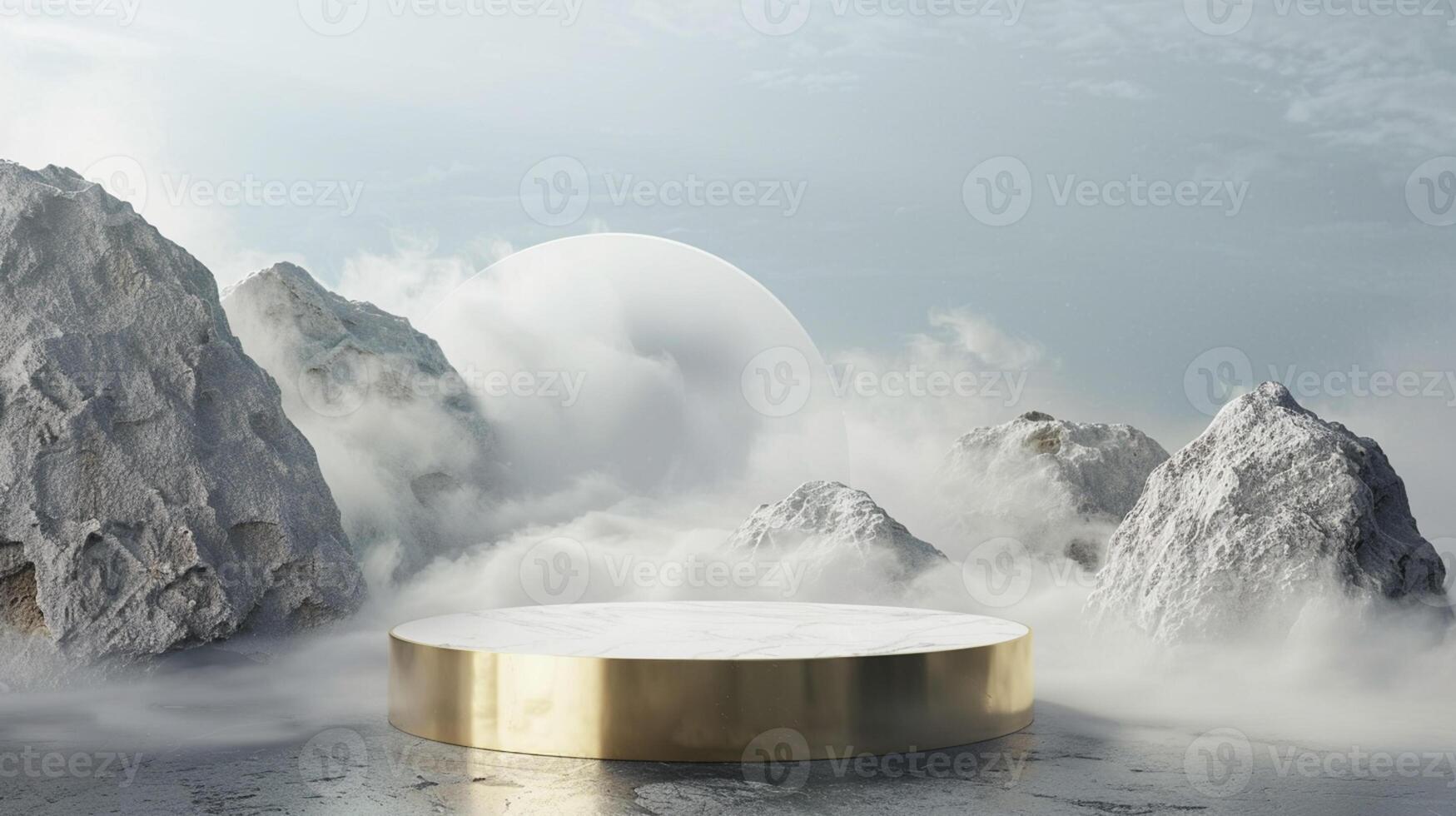 Smoke dances amidst clouds and sky, and gold geometric Stone and Rock shape background., vintage scene, with Gold podium stage minimal abstract background. photo