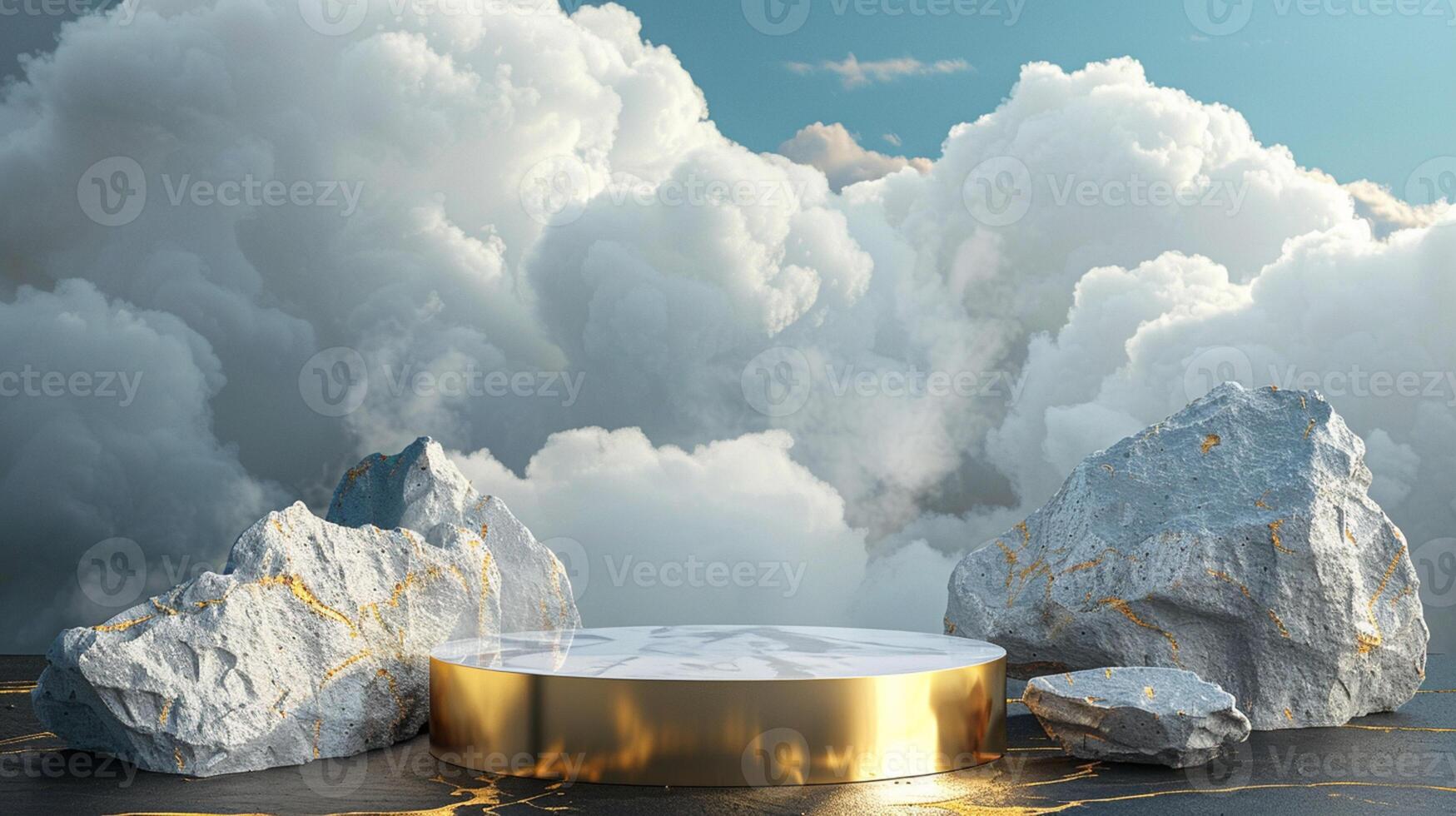 Smoke dances amidst clouds and sky, and gold geometric Stone and Rock shape background., vintage scene, with Gold podium stage minimal abstract background. photo