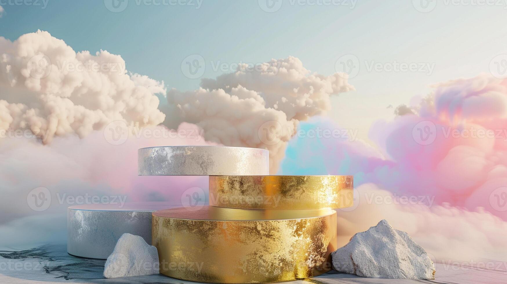 Smoke dances amidst clouds and sky, and gold geometric Stone and Rock shape background., vintage scene, with Gold podium stage minimal abstract background. photo