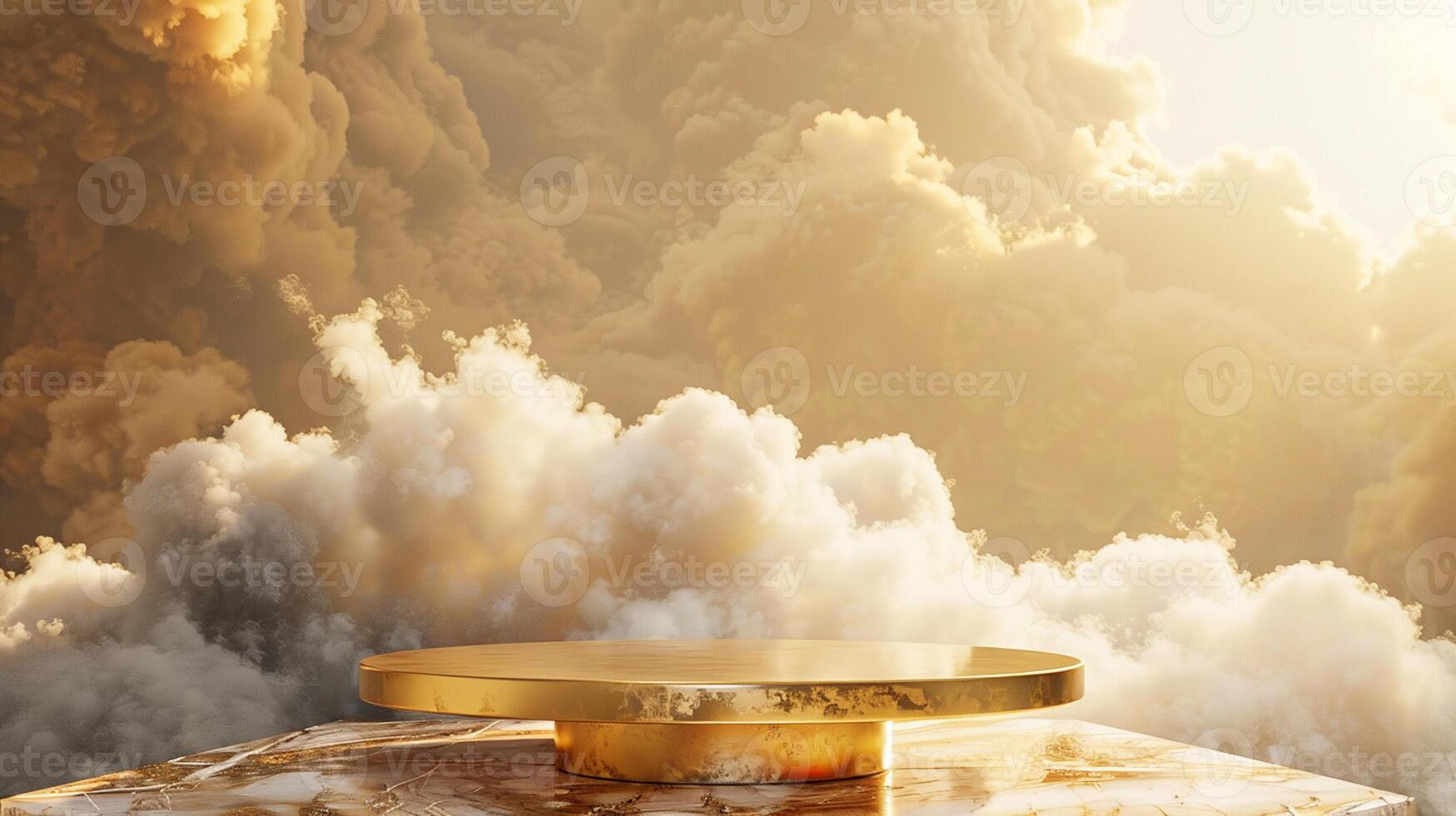 Smoke dances amidst clouds and sky, and gold geometric Stone and Rock shape background., vintage scene, with Gold podium stage minimal abstract background. photo