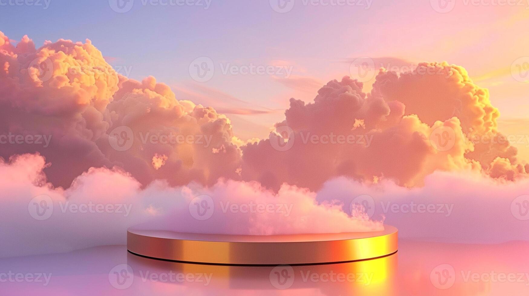 Smoke dances amidst clouds and sky, rising from a chimney A blend of nature and pollution creates an abstract, vintage scene, with Gold podium stage minimal abstract background. photo