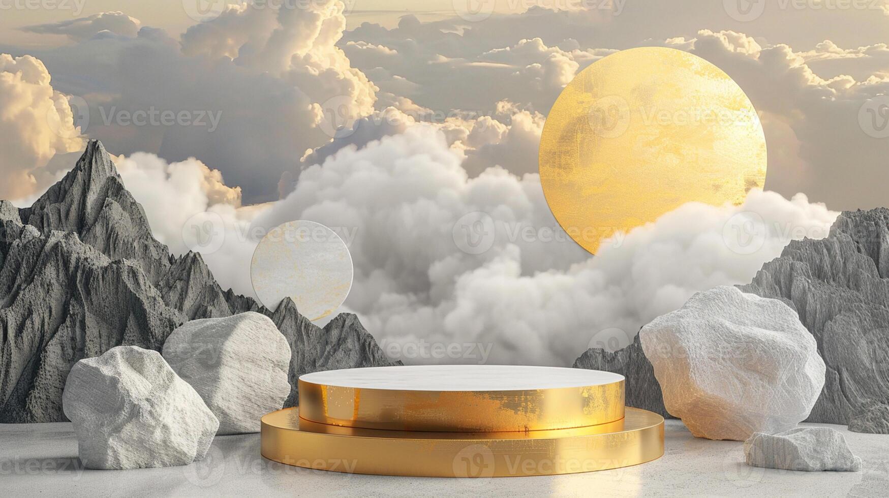 Smoke dances amidst clouds and sky, and gold geometric Stone and Rock shape background., vintage scene, with Gold podium stage minimal abstract background. photo