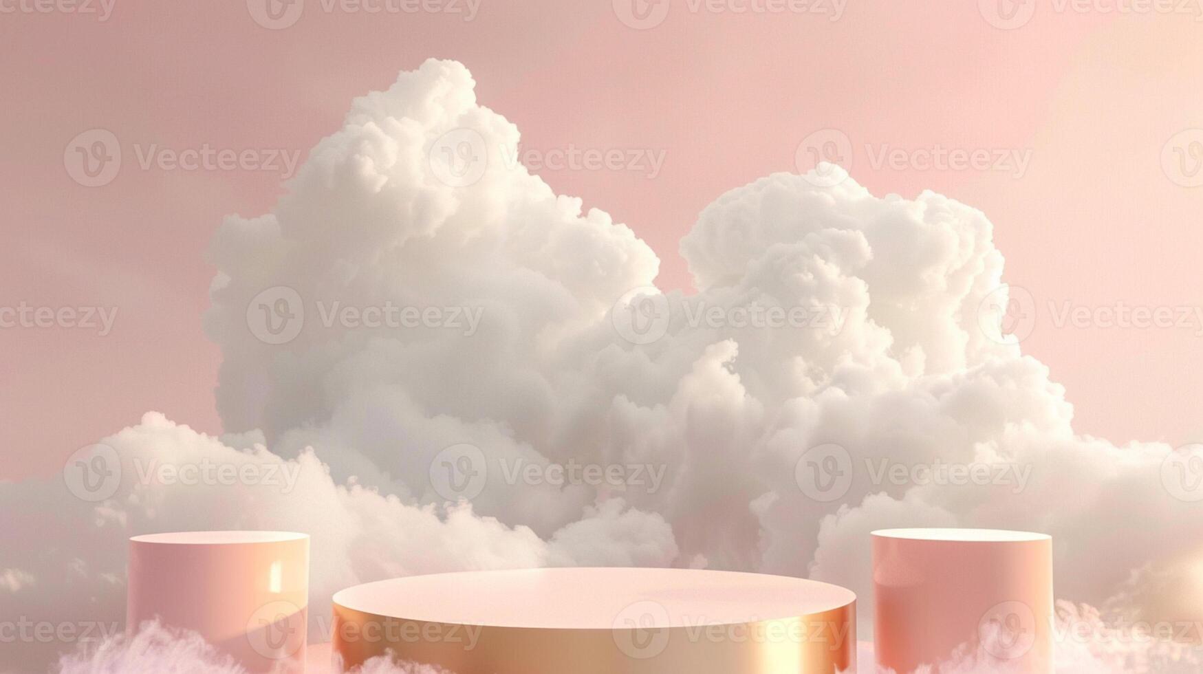 Smoke dances amidst clouds and sky, rising from a chimney A blend of nature and pollution creates an abstract, vintage scene, with Gold podium stage minimal abstract background. photo