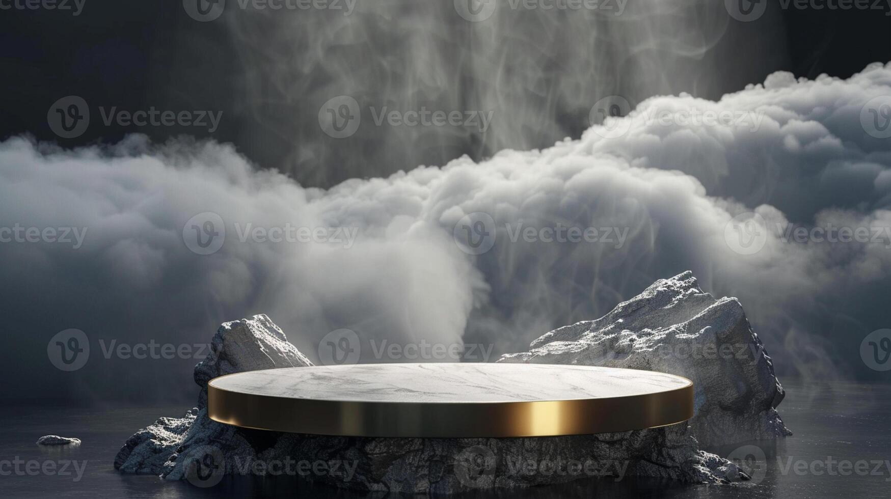 Smoke dances amidst clouds and sky, and gold geometric Stone and Rock shape background., vintage scene, with Gold podium stage minimal abstract background. photo