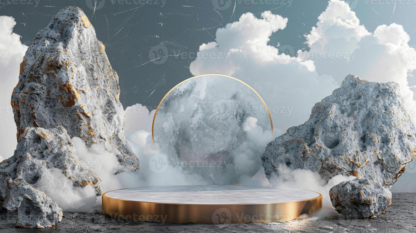 Smoke dances amidst clouds and sky, and gold geometric Stone and Rock shape background., vintage scene, with Gold podium stage minimal abstract background. photo