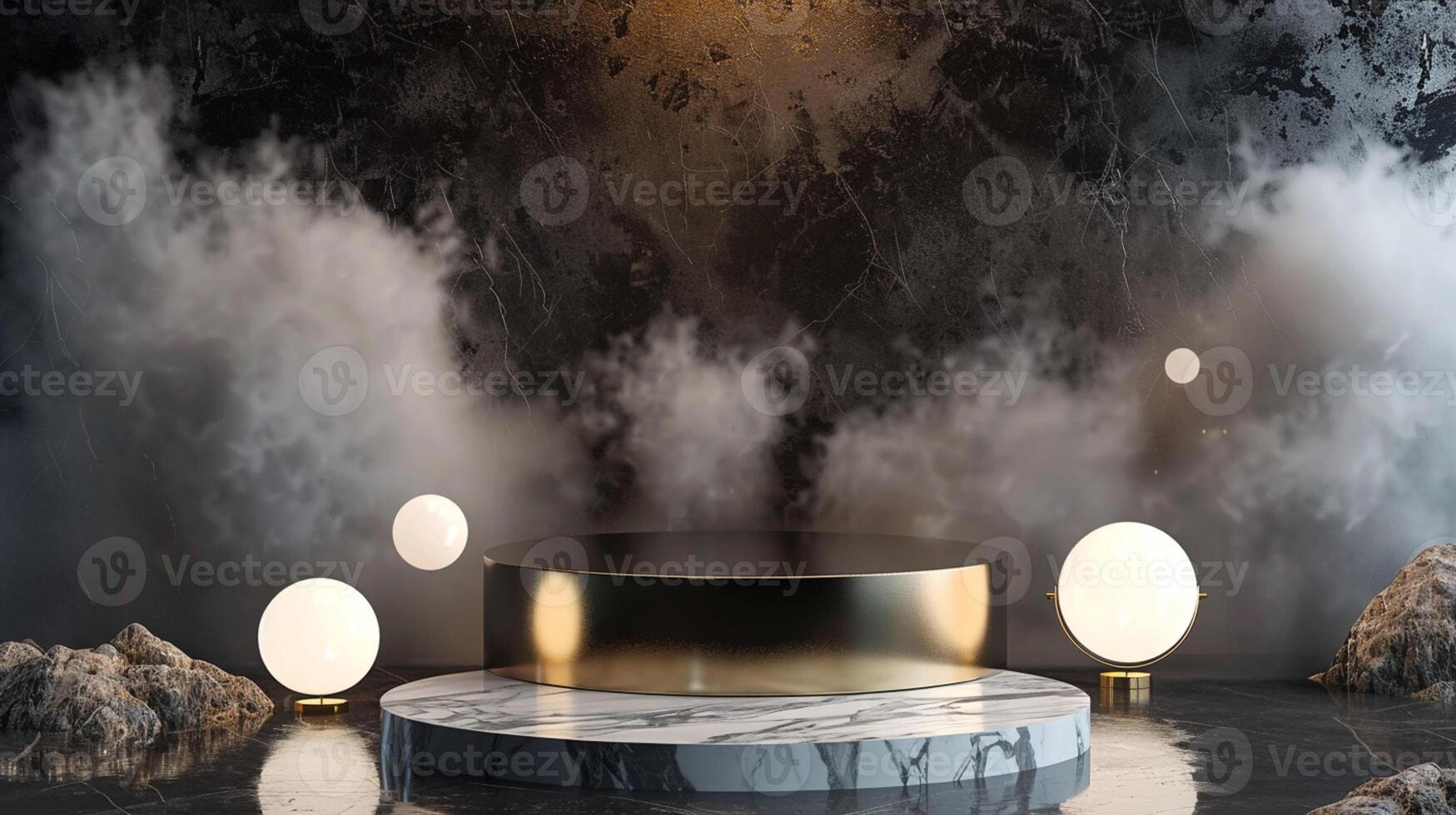 Smoke dances amidst clouds and sky, and gold geometric Stone and Rock shape background., vintage scene, with Gold podium stage minimal abstract background. photo