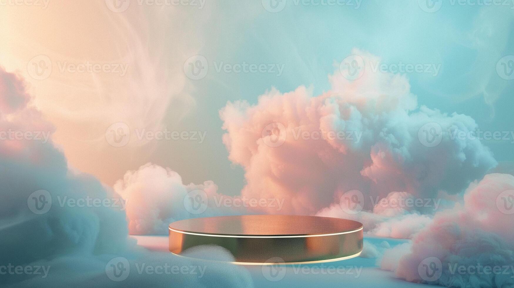 Smoke dances amidst clouds and sky, rising from a chimney A blend of nature and pollution creates an abstract, vintage scene, with Gold podium stage minimal abstract background. photo