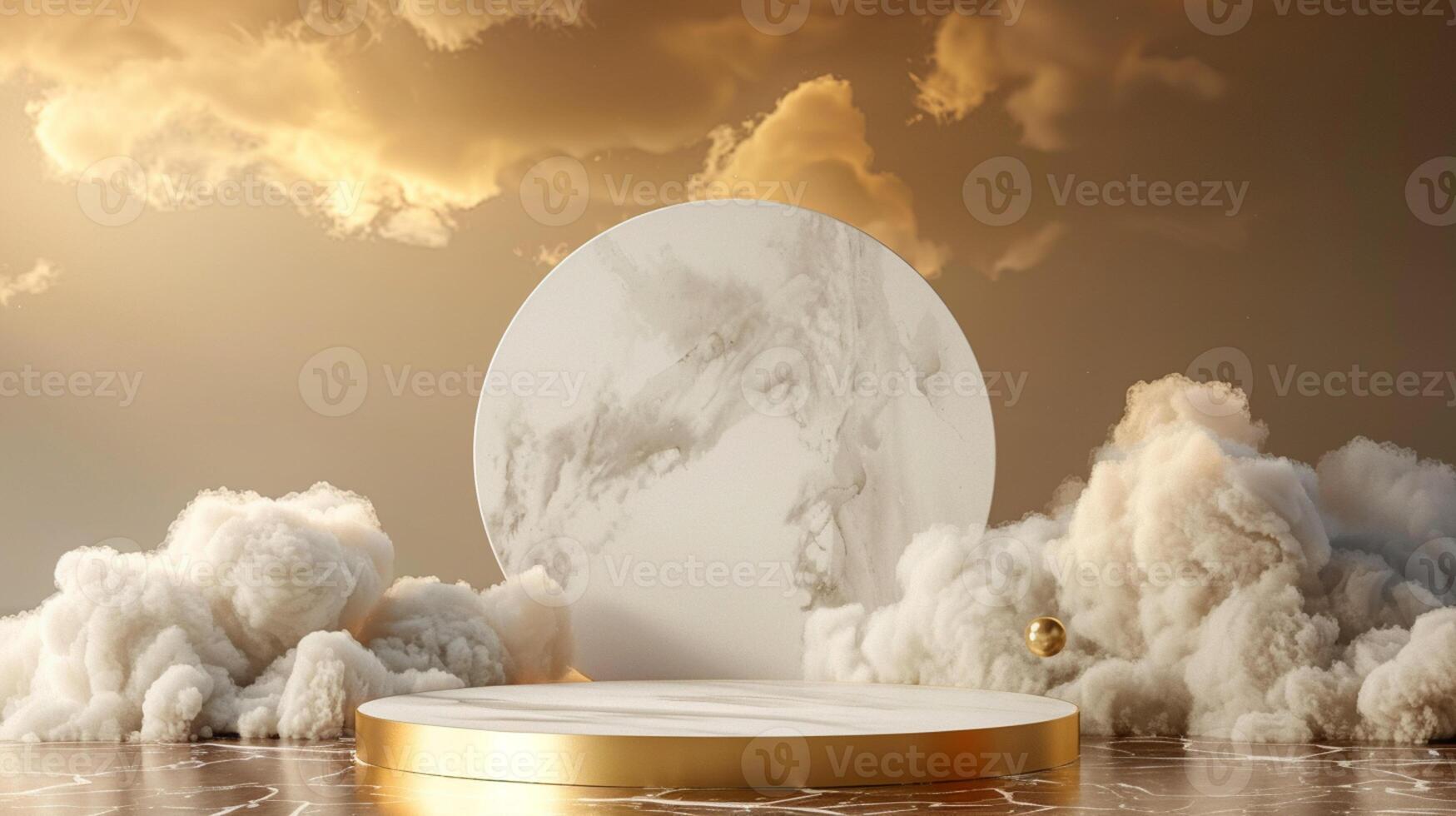 Smoke dances amidst clouds and sky, and gold geometric Stone and Rock shape background., vintage scene, with Gold podium stage minimal abstract background. photo