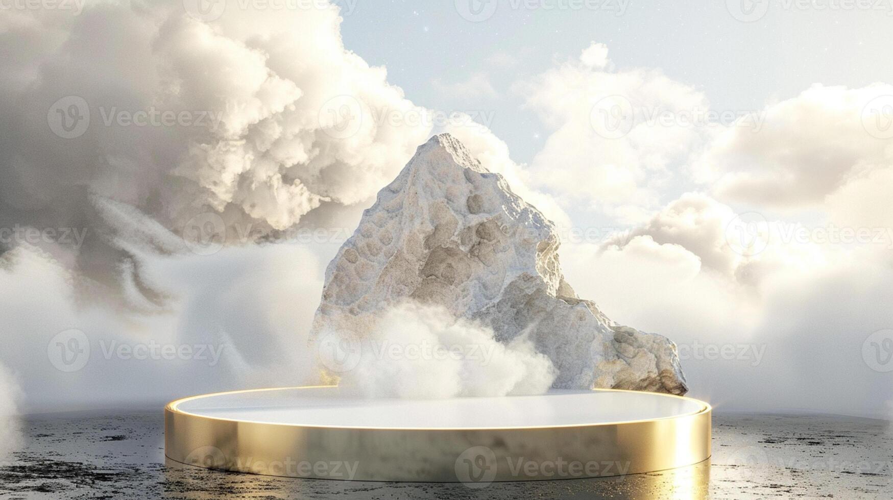 Smoke dances amidst clouds and sky, and gold geometric Stone and Rock shape background., vintage scene, with Gold podium stage minimal abstract background. photo