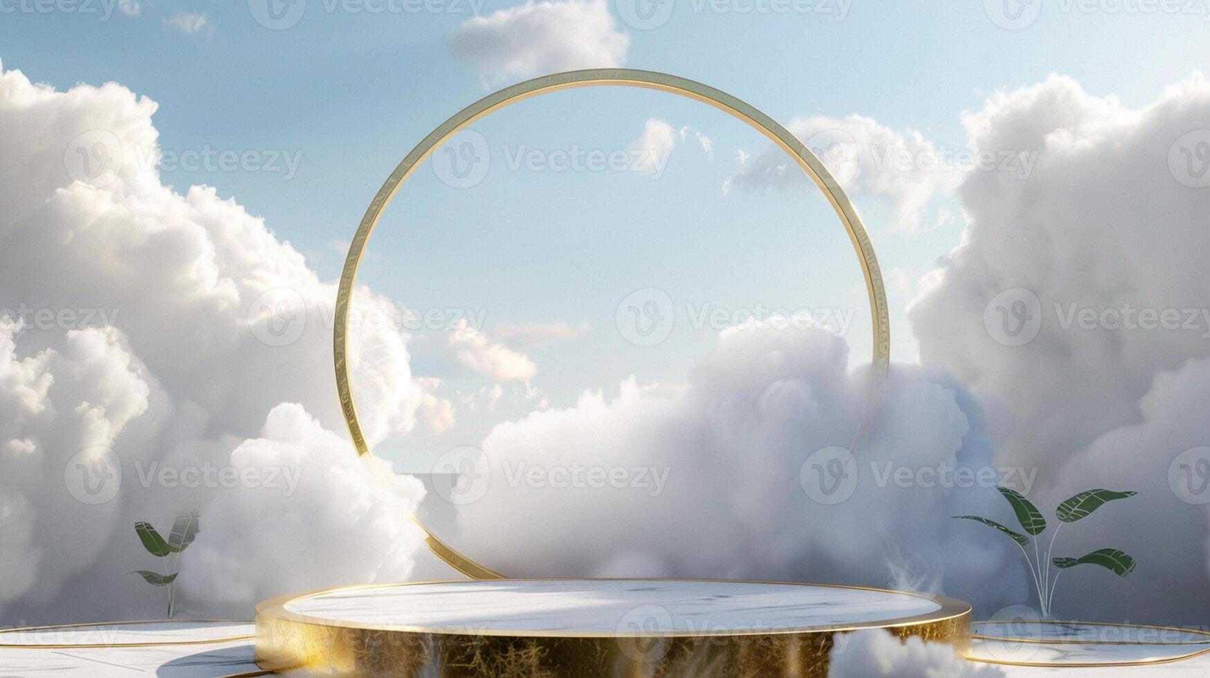 Smoke dances amidst clouds and sky, rising from a chimney A blend of nature and pollution creates an abstract, vintage scene, with Gold podium stage minimal abstract background. photo