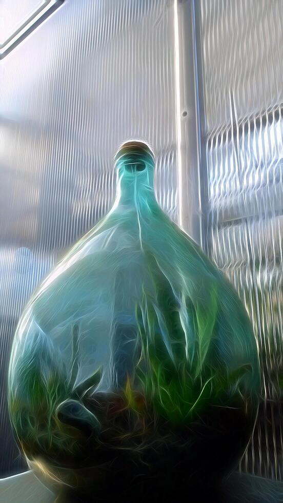 Digital painting style that represents a large bottle with plants inside photo