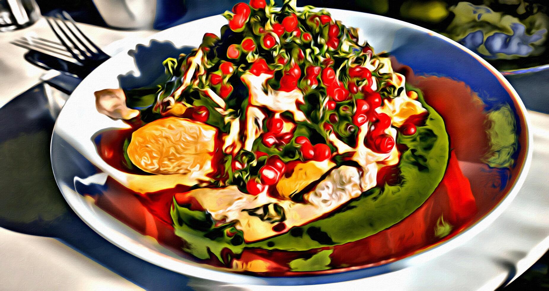 A dish of freshly served mixed meat stew with carrots and red currants. photo