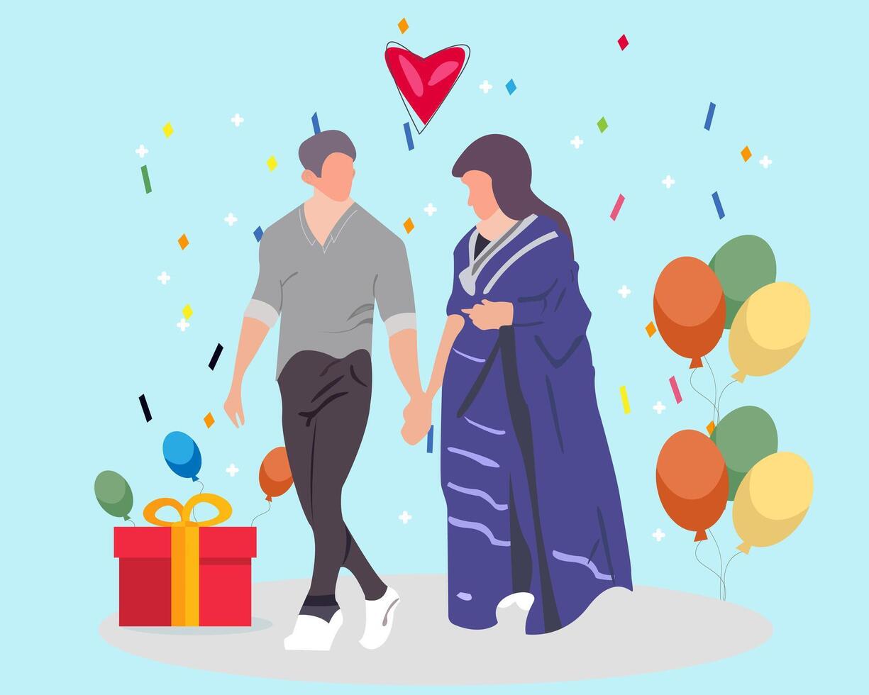 Love tenderness and romantic feelings concept. Sweet Couple Holding Hands Celebrating Valentine Illustration. vector