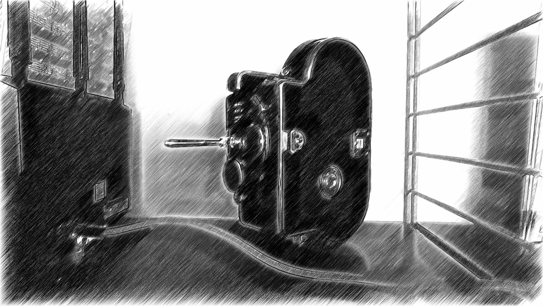 Black and white digital drawing of an antique movie camera photo