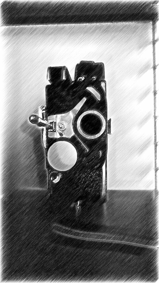 Black and white digital drawing of an antique movie camera photo