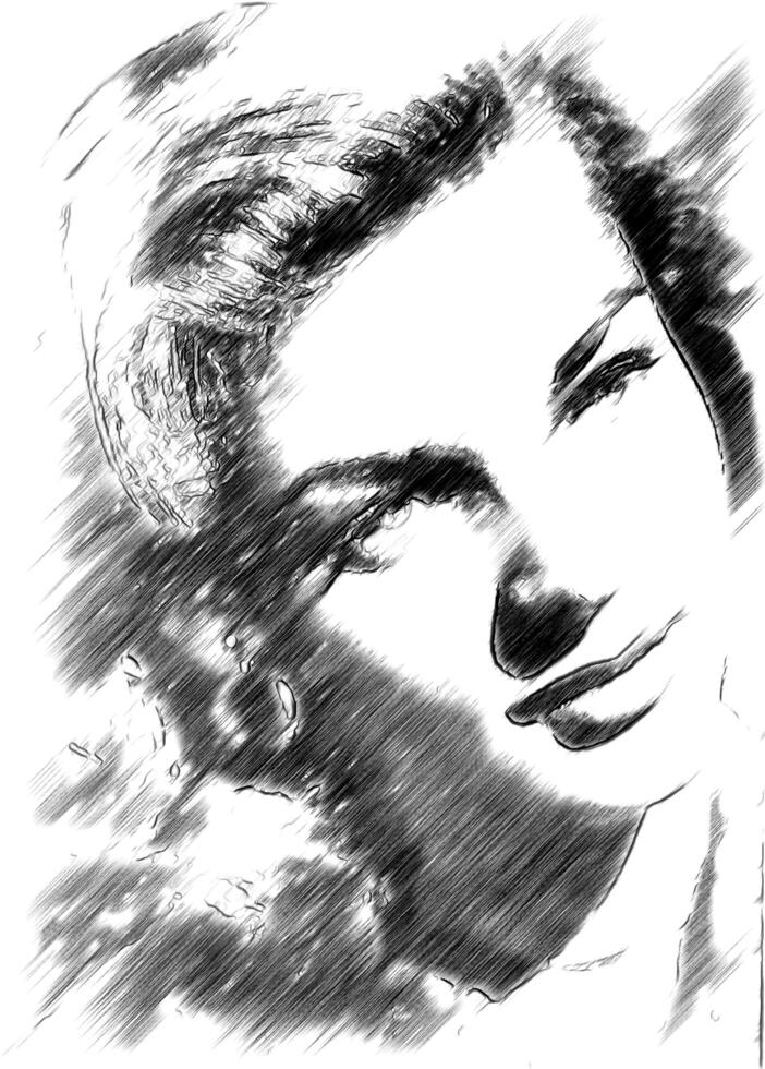 Black and white drawing of a close-up of Lauren Bacall. photo