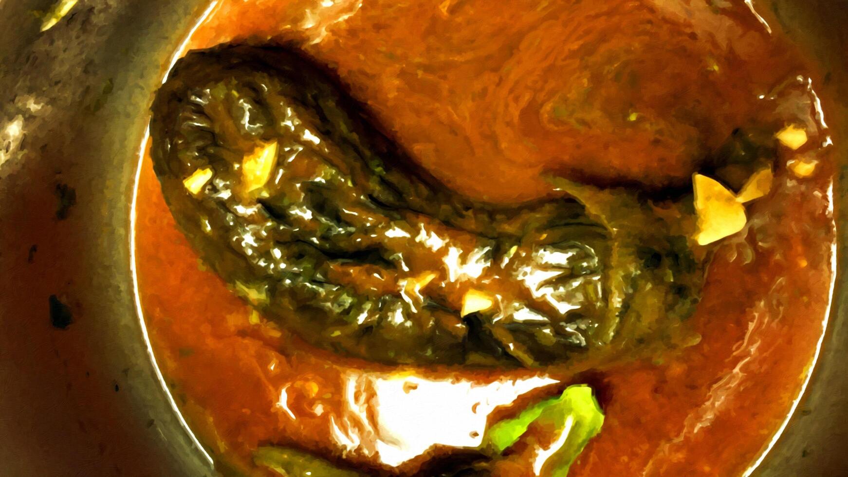 A whole eggplant simmer with the tomato, garlic and basil sauce. Digital painting style. photo