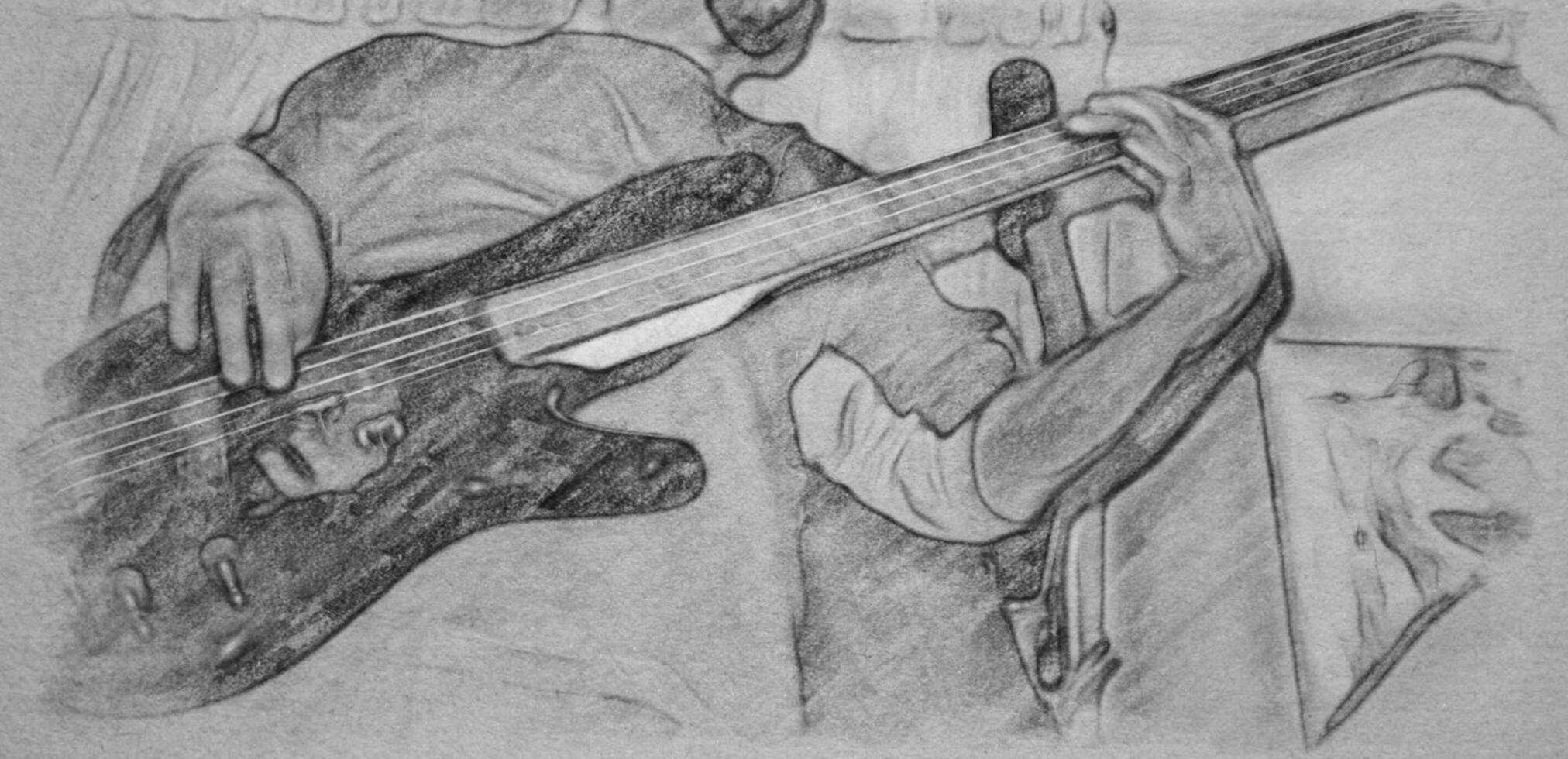 Digital black and white drawing of a musician playing the electric bass photo