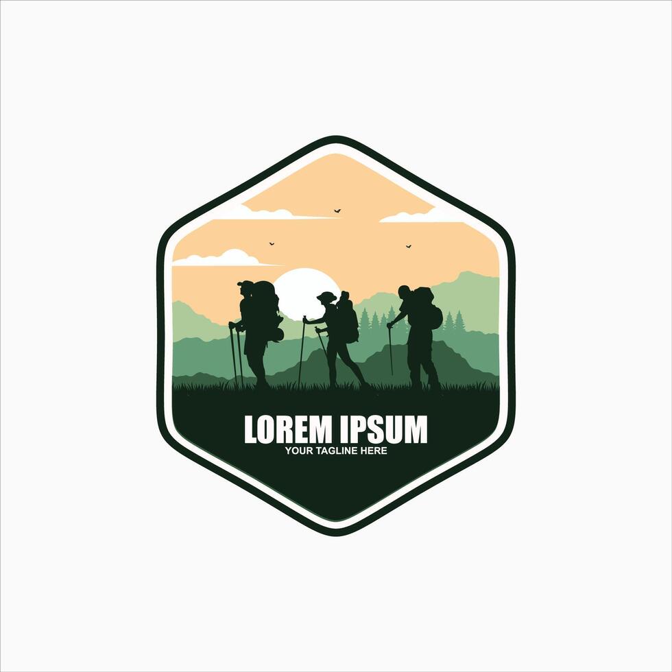 tourist climbs the mountain symbol, travel and expedition logo template vector