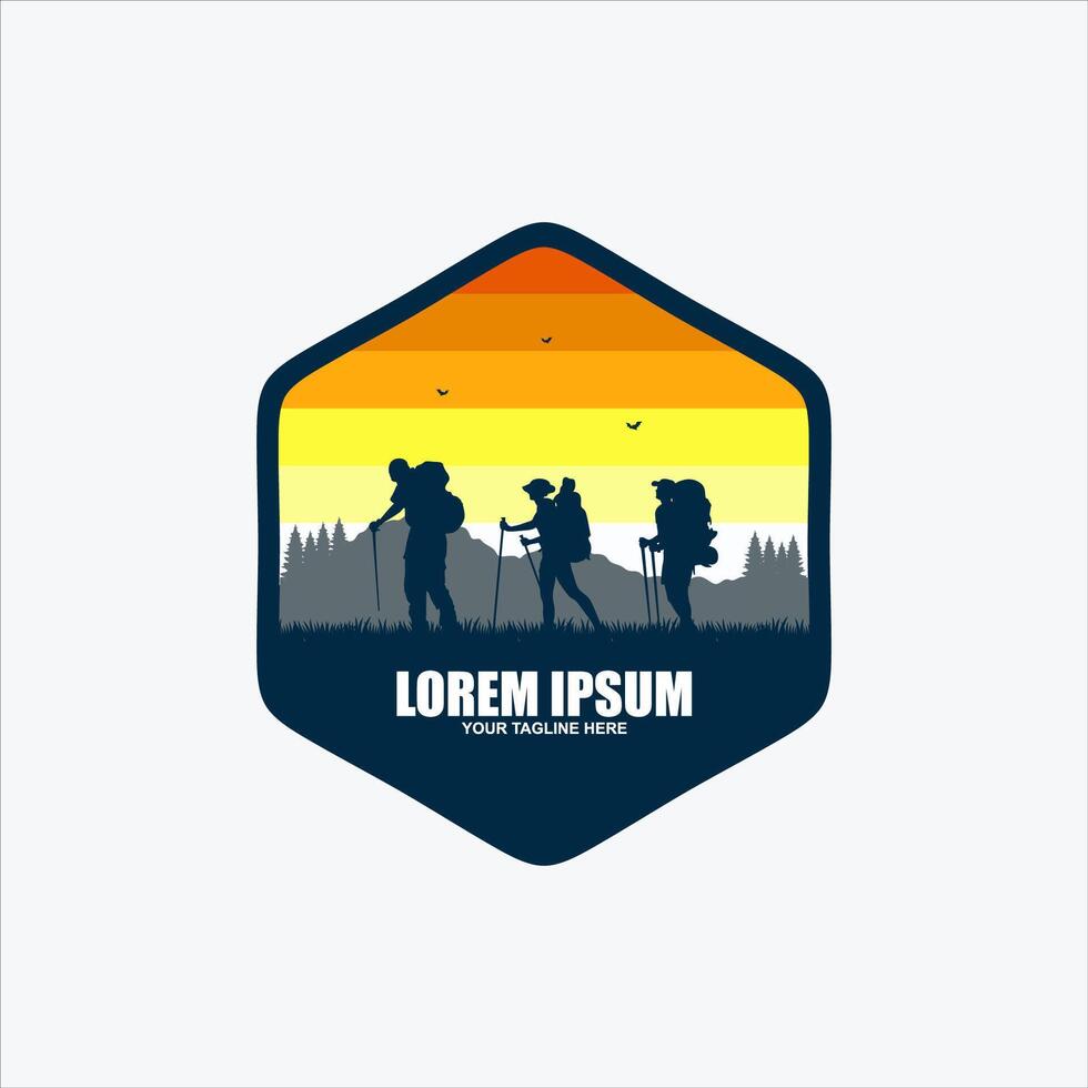 tourist climbs the mountain symbol, travel and expedition logo template vector