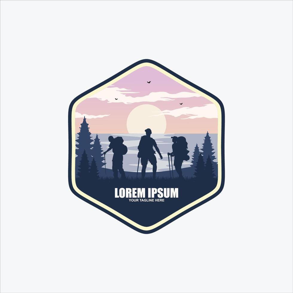 tourist climbs the mountain symbol, travel and expedition logo template vector