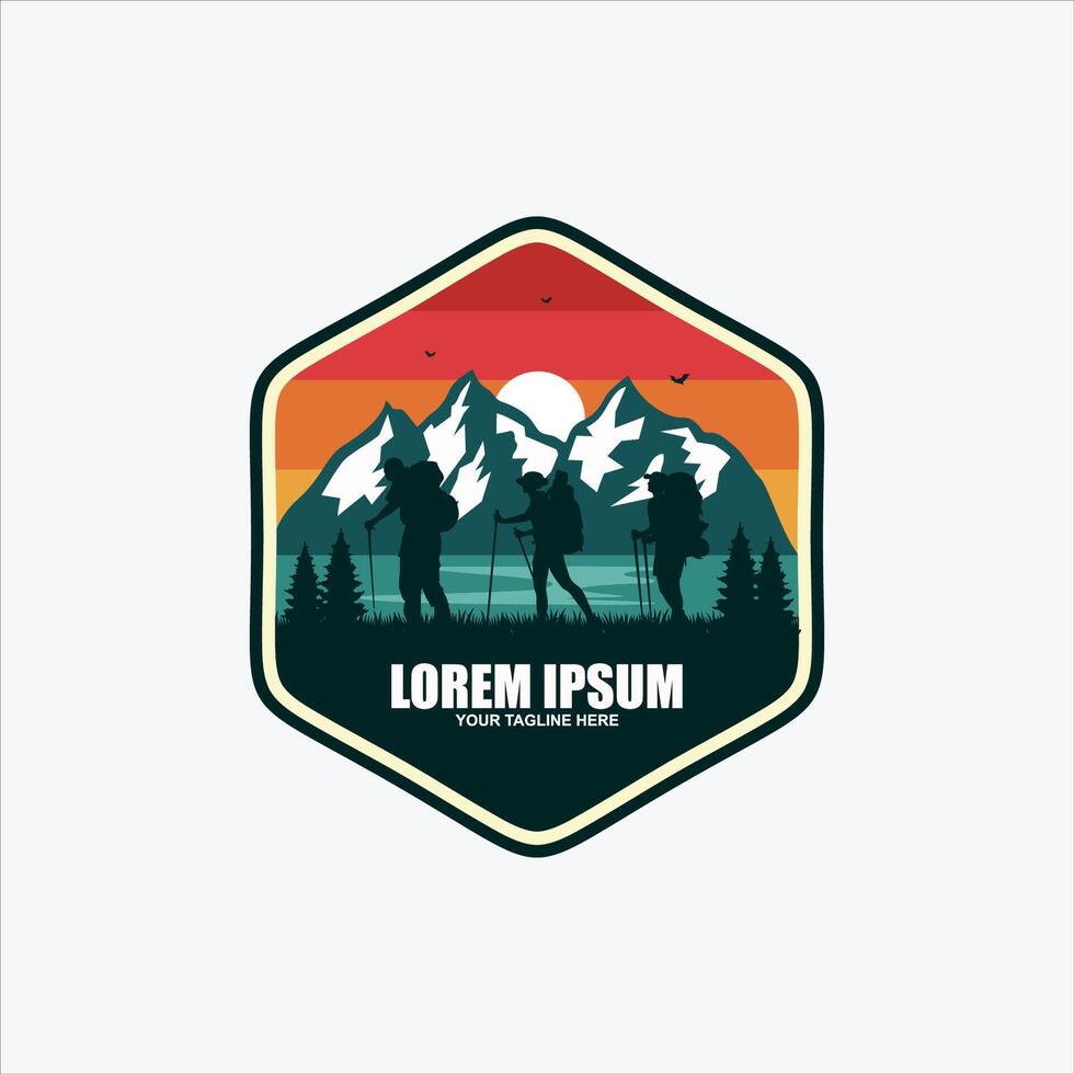 tourist climbs the mountain symbol, travel and expedition logo template vector