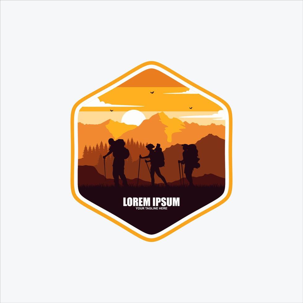 Mountain travel man retro emblem, extreme adventure, climbing outdoor tourism logo vector