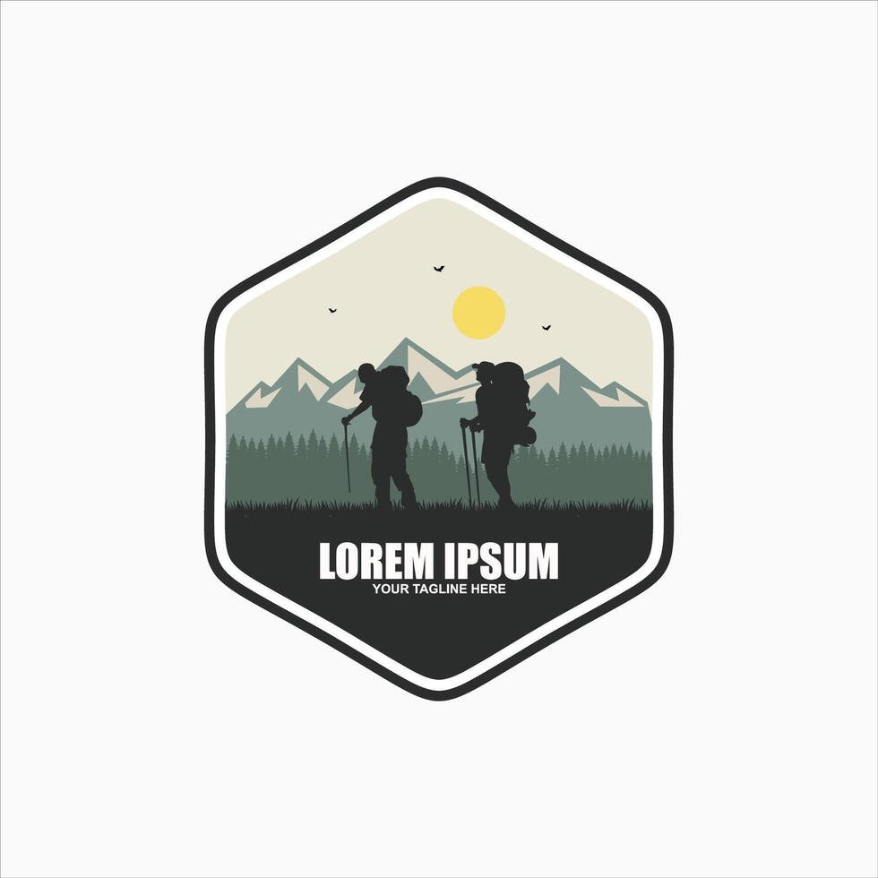 tourist climbs the mountain symbol, travel and expedition logo template vector
