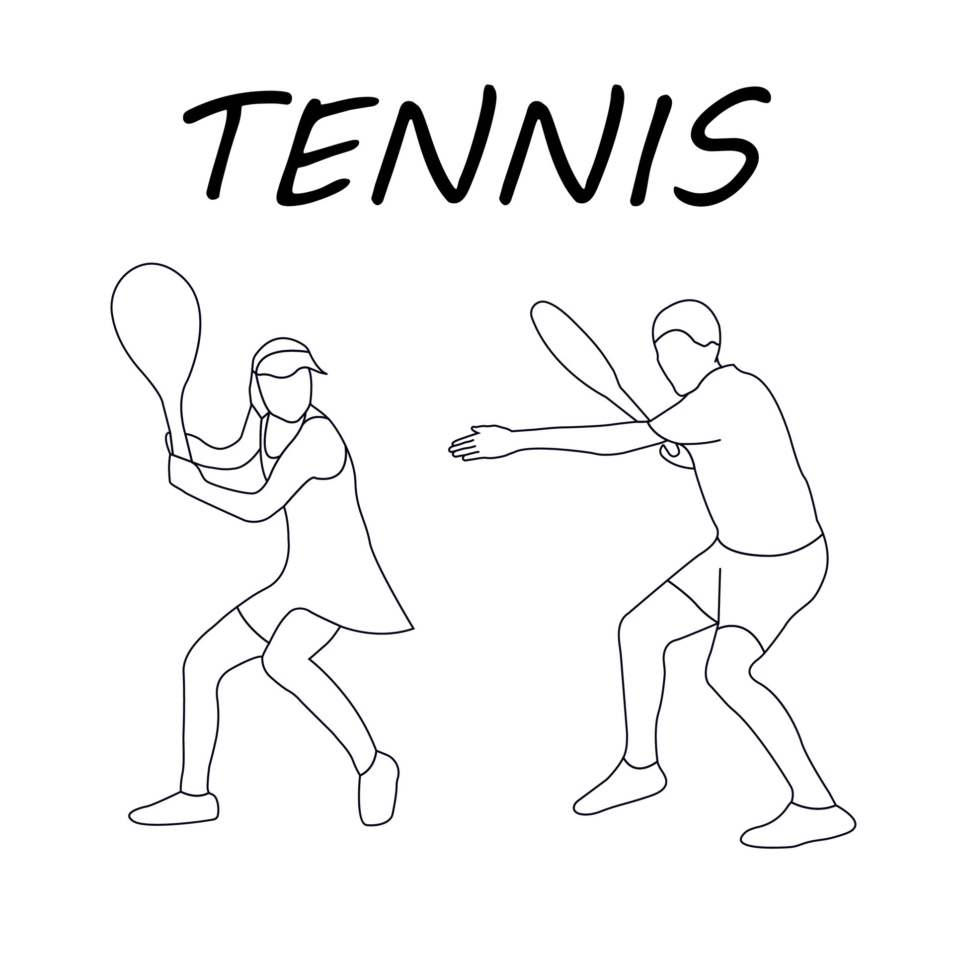Tennis player and woman tennis player. Outline drawing. Coloring book